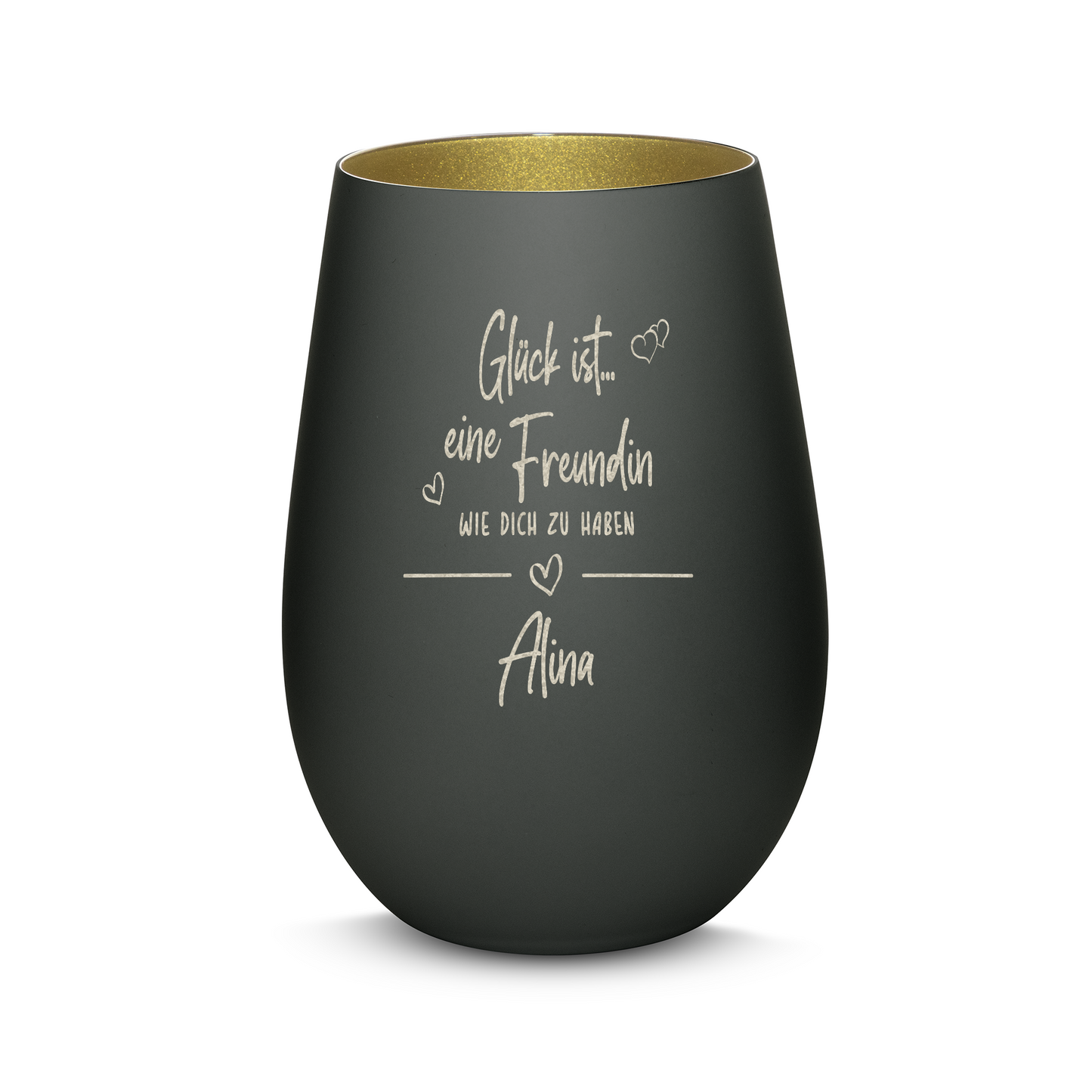 Hochwertiges Glas Windlicht mit Gravur "GLÜCK IST EINE FREUNDIN WIE DICH ZU HABEN" mit Wunschname in der Farbe Schwarz/Gold