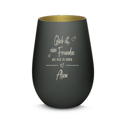 Hochwertiges Glas Windlicht mit Gravur "GLÜCK IST EINE FREUNDIN WIE DICH ZU HABEN" mit Wunschname in der Farbe Schwarz/Gold