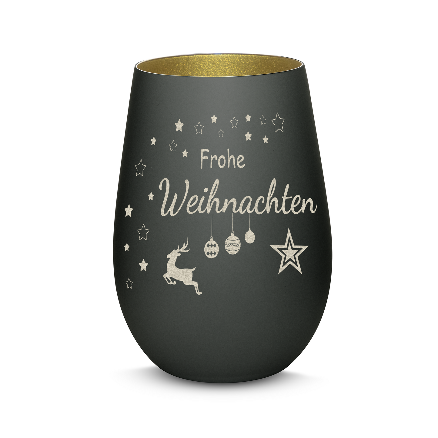 Hochwertiges Glas Windlicht mit Gravur "FROHE WEIHNACHTEN" in der Farbe Schwarz/Gold