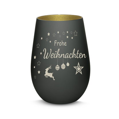 Hochwertiges Glas Windlicht mit Gravur "FROHE WEIHNACHTEN" in der Farbe Schwarz/Gold