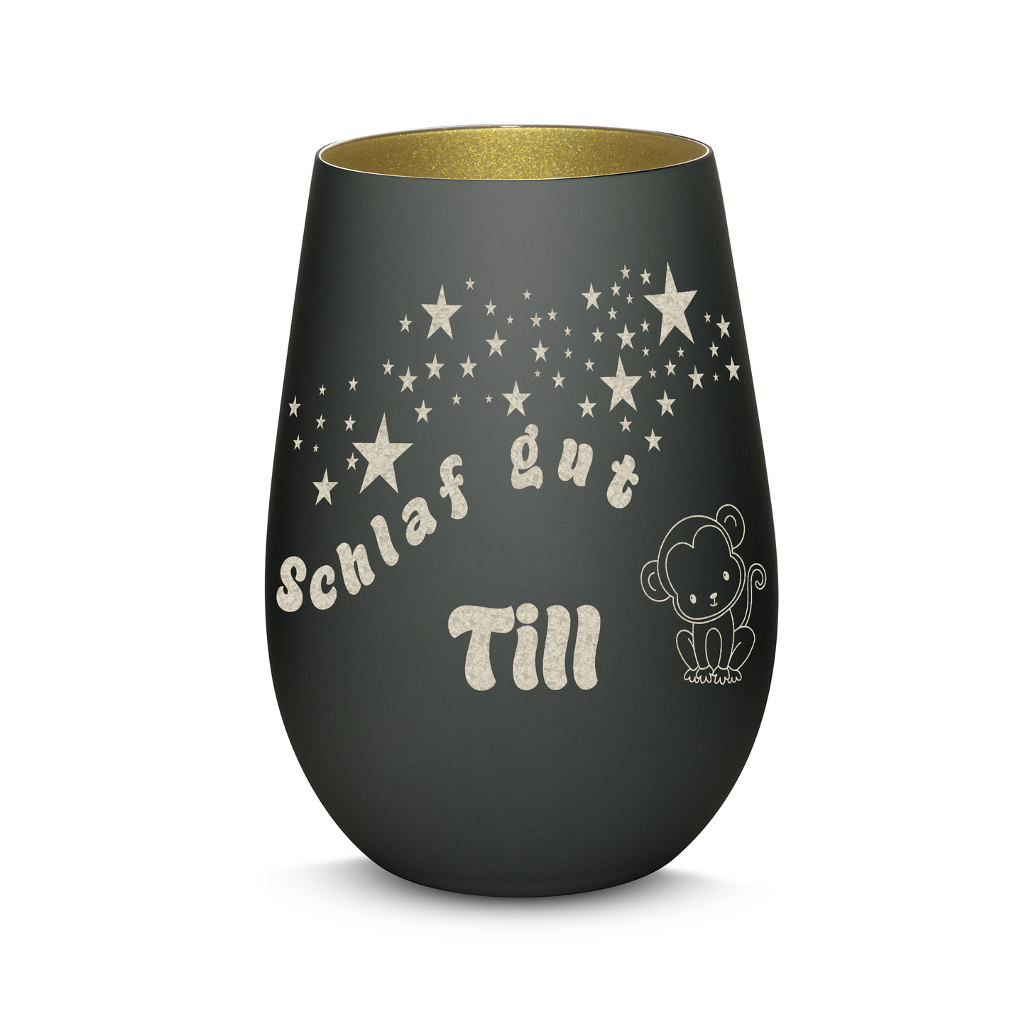 Hochwertiges Glas Windlicht für Kinder mit Gravur "SCHLAF GUT" Motiv Affe mit Wunschname in der Farbe Schwarz/Gold