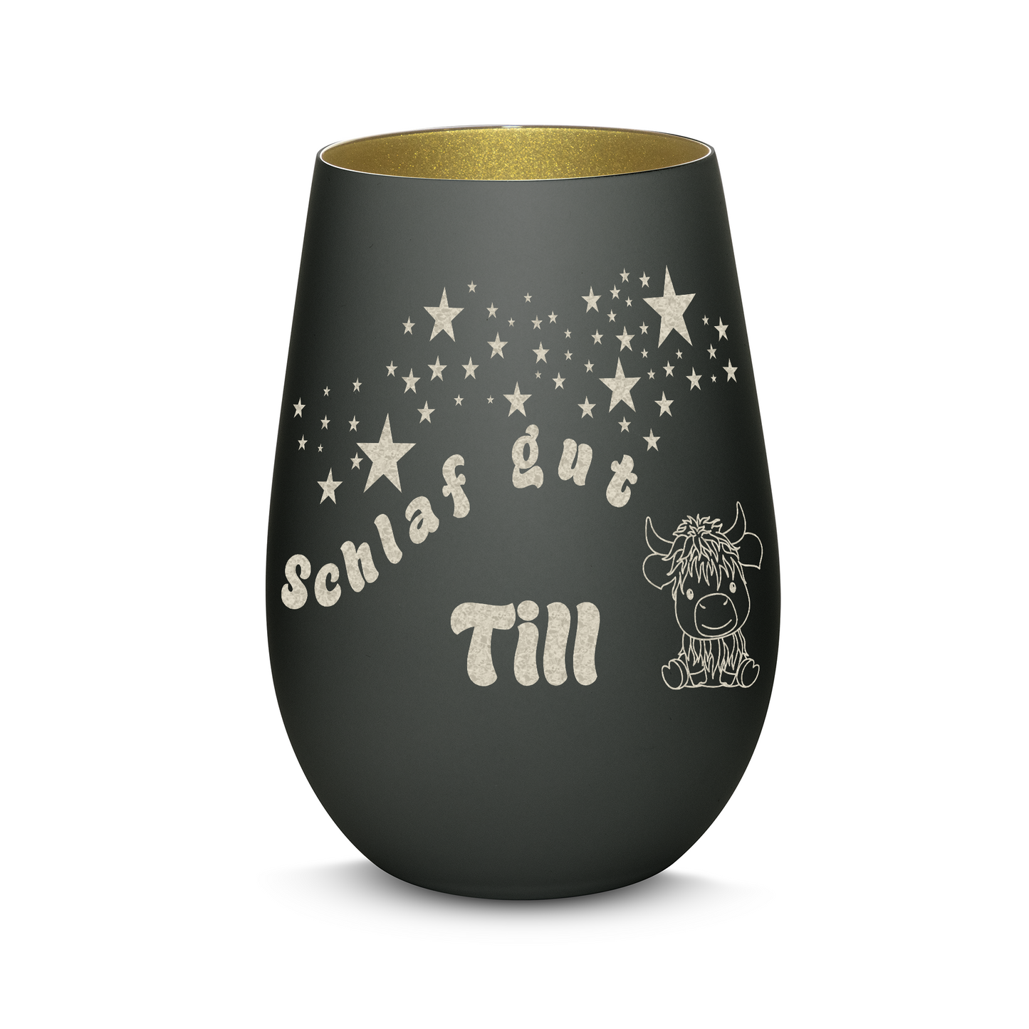 Hochwertiges Glas Windlicht für Kinder mit Gravur "SCHLAF GUT" Motiv Bison mit Wunschname in der Farbe Schwarz/Gold
