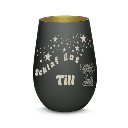 Hochwertiges Glas Windlicht für Kinder mit Gravur "SCHLAF GUT" Motiv Bison mit Wunschname in der Farbe Schwarz/Gold