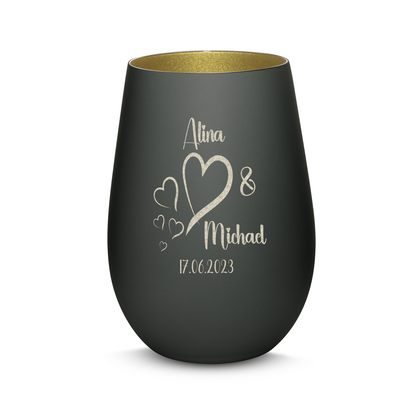 Hochwertiges Glas Windlicht mit Gravur "LIEBES WINDLICHT HERZ3" mit Wunschnamen und Datum in der Farbe Schwarz/Gold