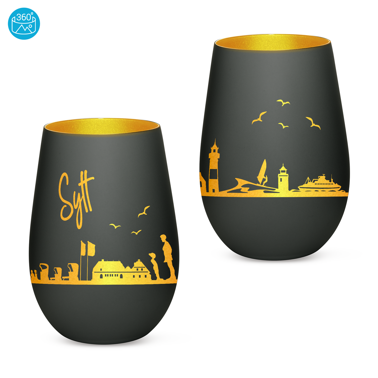 Hochwertiges Glas Windlicht mit Gravur "SKYLINE SYLT" in der Farbe Schwarz/Gold