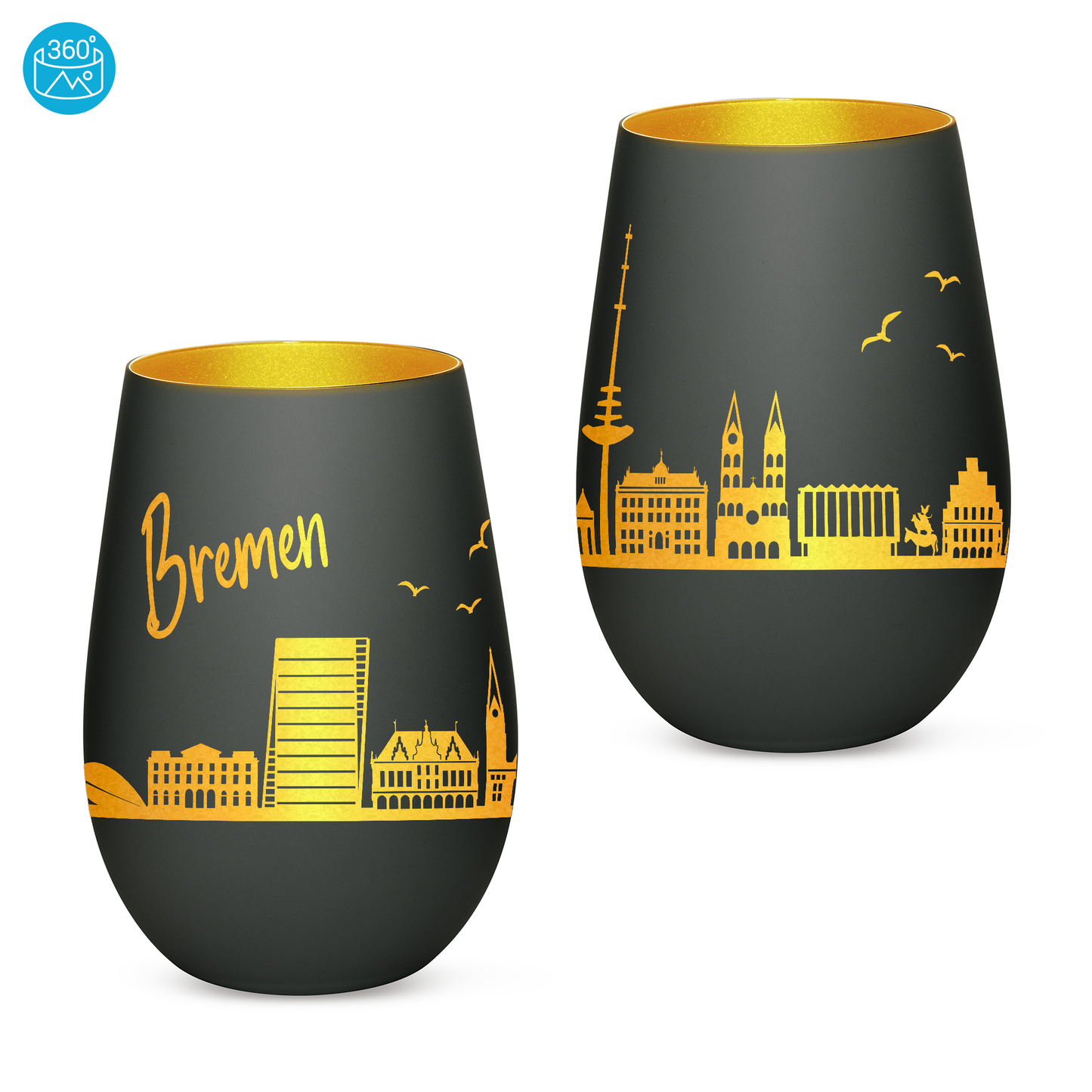 Hochwertiges Glas Windlicht mit Gravur "SKYLINE BREMEN" in der Farbe Schwarz/Gold