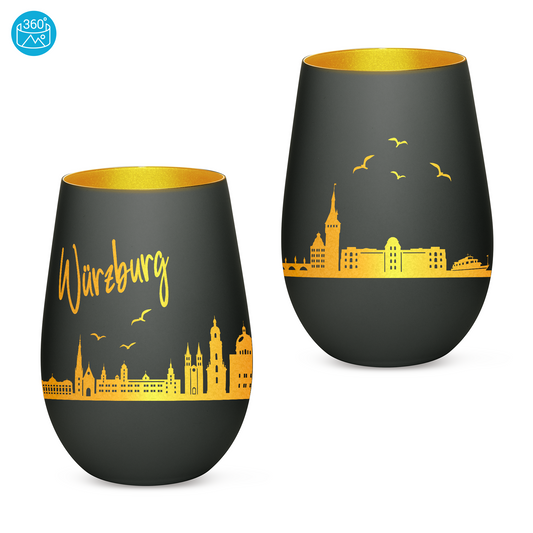 Hochwertiges Glas Windlicht mit Gravur "SKYLINE WÜRZBURG" in der Farbe Schwarz/Gold