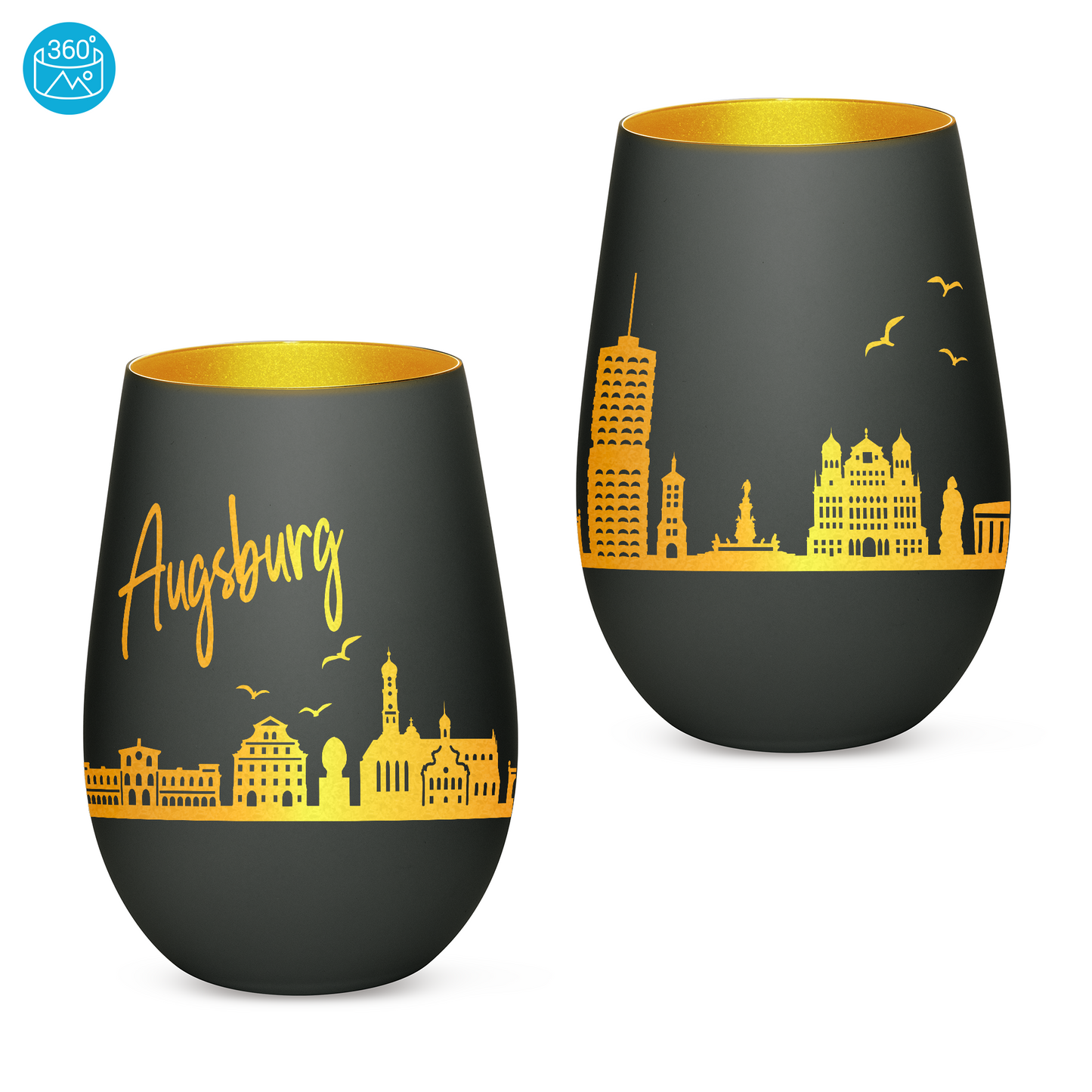 Hochwertiges Glas Windlicht mit Gravur "SKYLINE AUGSBURG" in der Farbe Schwarz/Gold