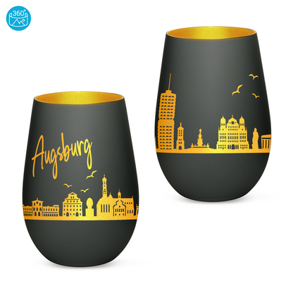 Hochwertiges Glas Windlicht mit Gravur "SKYLINE AUGSBURG" in der Farbe Schwarz/Gold