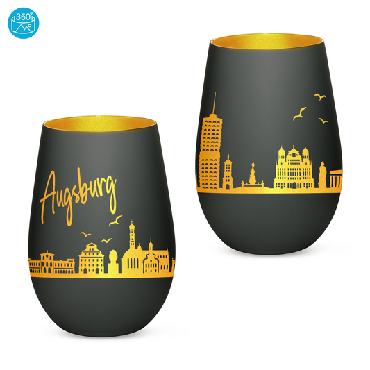 Hochwertiges Glas Windlicht mit Gravur "SKYLINE AUGSBURG" in der Farbe Schwarz/Gold