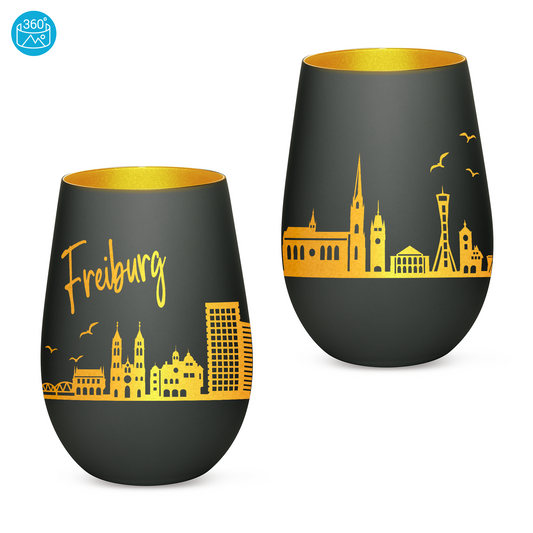 Hochwertiges Glas Windlicht mit Gravur "SKYLINE FREIBURG" in der Farbe Schwarz/Gold