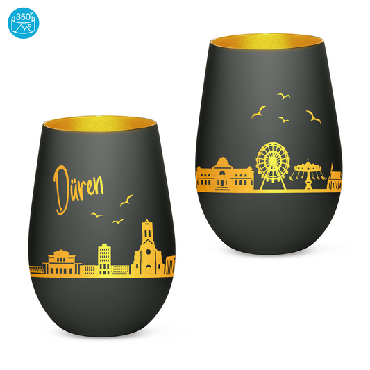 Hochwertiges Glas Windlicht mit Gravur "SKYLINE DÜREN" in der Farbe Schwarz/Gold