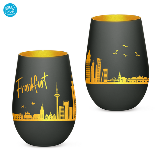 Hochwertiges Glas Windlicht mit Gravur "SKYLINE FRANKFURT" in der Farbe Schwarz/Gold