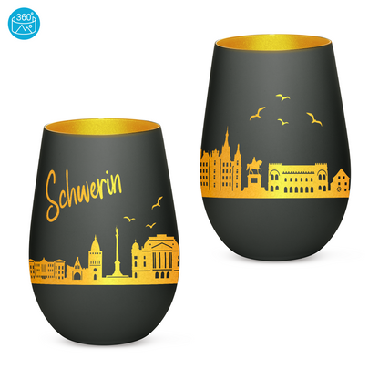 Hochwertiges Glas Windlicht mit Gravur "SKYLINE SCHWERIN" in der Farbe Schwarz/Gold