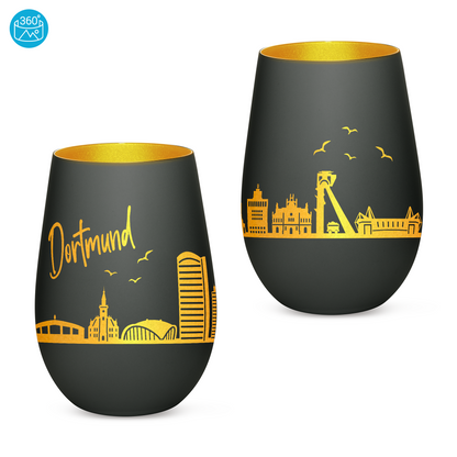 Hochwertiges Glas Windlicht mit Gravur "SKYLINE DORTMUND" in der Farbe Schwarz/Gold