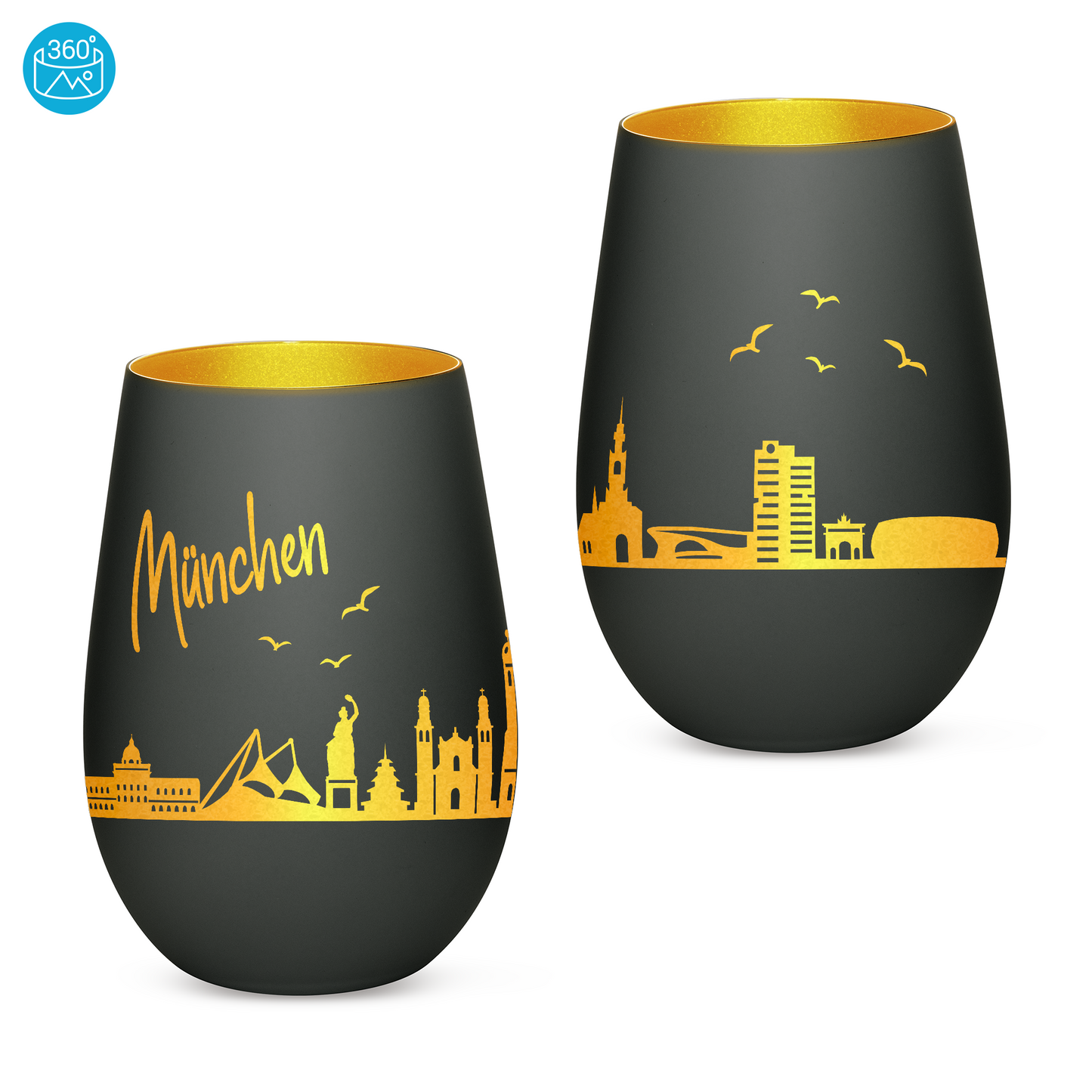 Hochwertiges Glas Windlicht mit Gravur "SKYLINE MÜNCHEN" in der Farbe Schwarz/Gold
