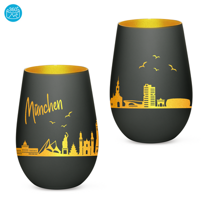 Hochwertiges Glas Windlicht mit Gravur "SKYLINE MÜNCHEN" in der Farbe Schwarz/Gold