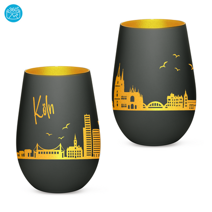 Hochwertiges Glas Windlicht mit Gravur "SKYLINE KÖLN" in der Farbe Schwarz/Gold