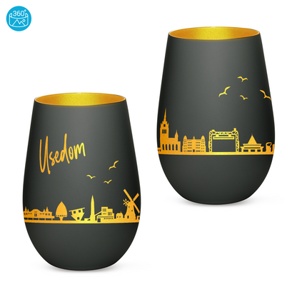 Hochwertiges Glas Windlicht mit Gravur "SKYLINE USEDOM" in der Farbe Schwarz/Gold