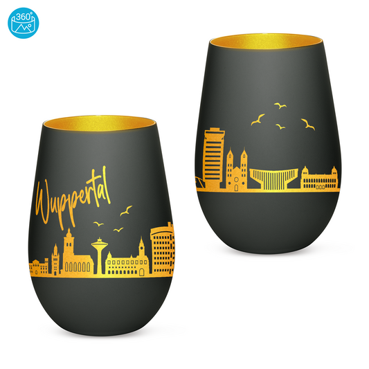 Hochwertiges Glas Windlicht mit Gravur "SKYLINE WUPPERTAL" in der Farbe Schwarz/Gold