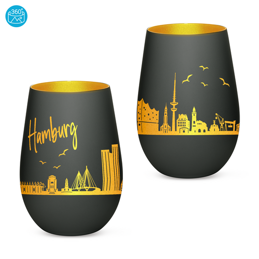 Hochwertiges Glas Windlicht mit Gravur "SKYLINE HAMBURG" in der Farbe Schwarz/Gold