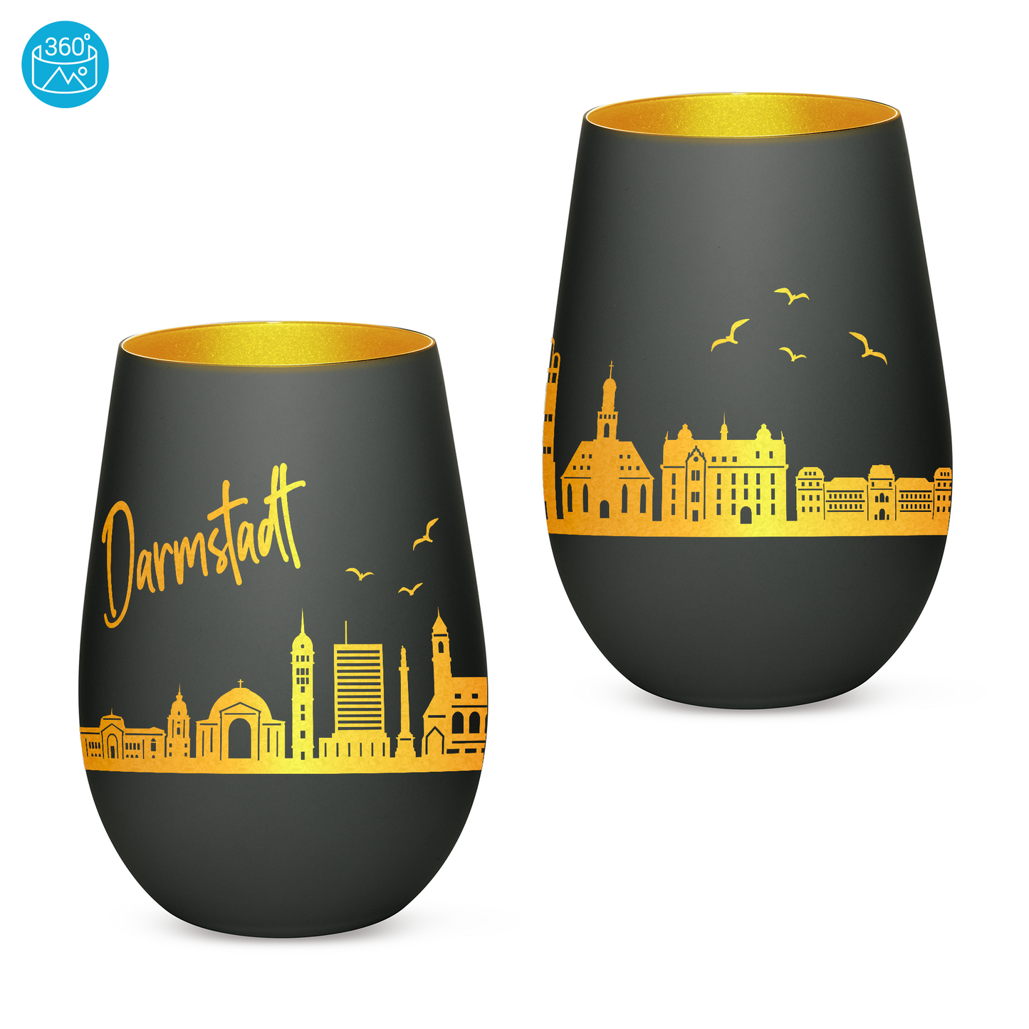 Hochwertiges Glas Windlicht mit Gravur "SKYLINE DARMSTADT" in der Farbe Schwarz/Gold
