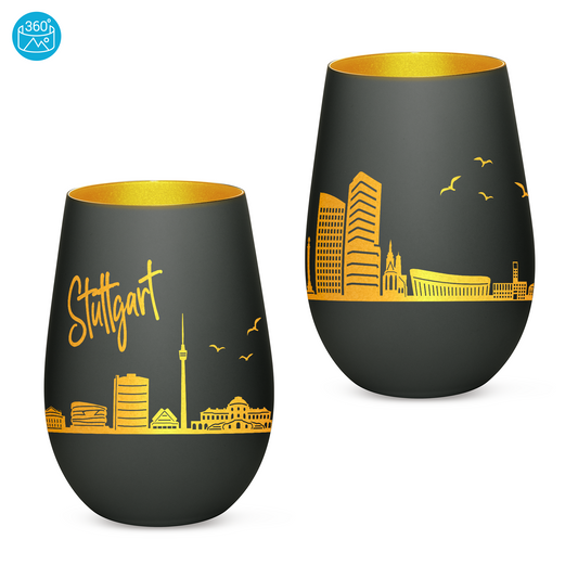 Hochwertiges Glas Windlicht mit Gravur "SKYLINE STUTTGART" in der Farbe Schwarz/Gold