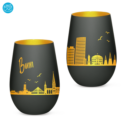 Hochwertiges Glas Windlicht mit Gravur "SKYLINE BONN" in der Farbe Schwarz/Gold