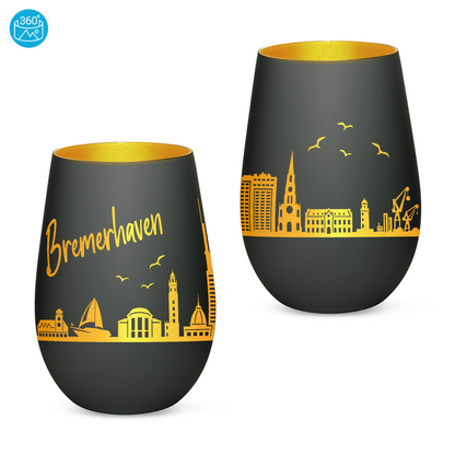 Hochwertiges Glas Windlicht mit Gravur "SKYLINE BREMERHAVEN" in der Farbe Schwarz/Gold