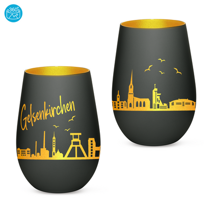 Hochwertiges Glas Windlicht mit Gravur "SKYLINE GELSENKIRCHEN" in der Farbe Schwarz/Gold