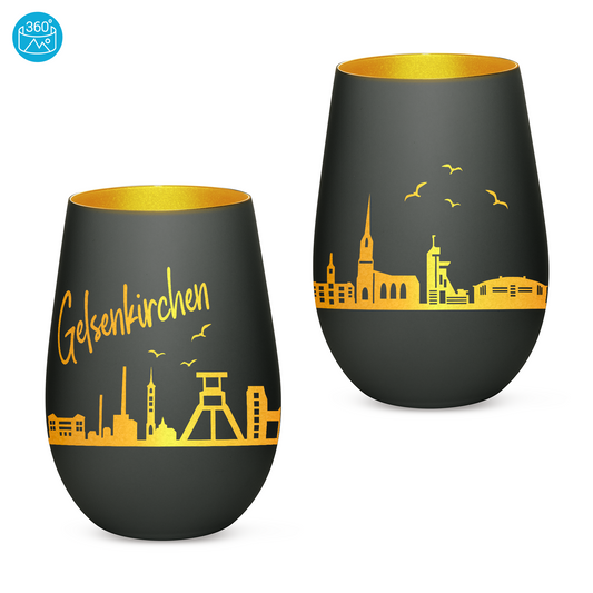 Hochwertiges Glas Windlicht mit Gravur "SKYLINE GELSENKIRCHEN" in der Farbe Schwarz/Gold
