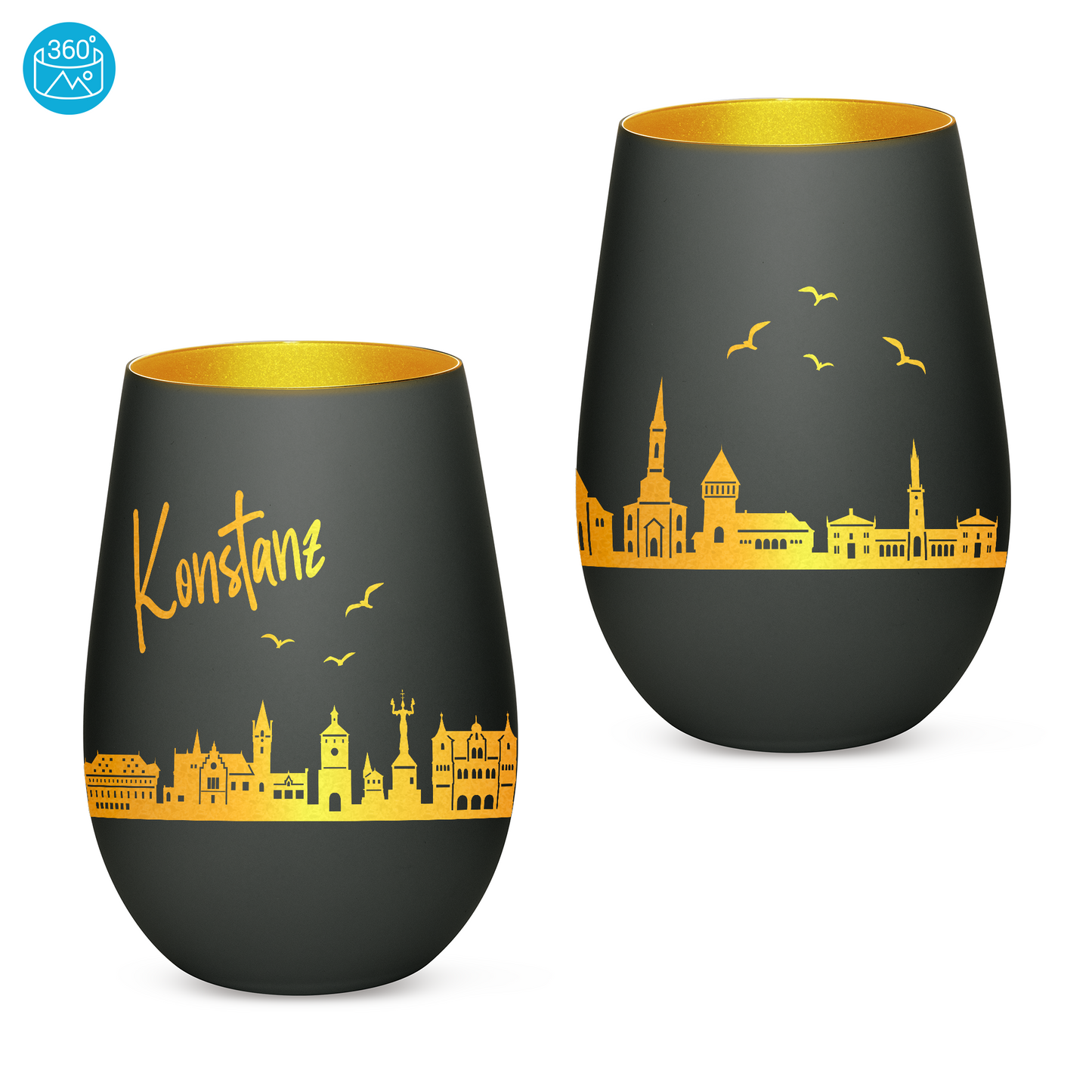 Hochwertiges Glas Windlicht mit Gravur "SKYLINE KONSTANZ" in der Farbe Schwarz/Gold