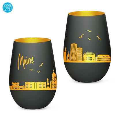 Hochwertiges Glas Windlicht mit Gravur "SKYLINE MAINZ" in der Farbe Schwarz/Gold