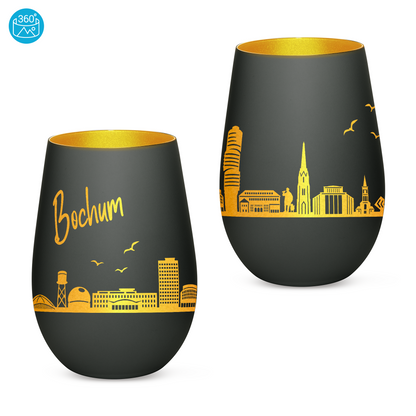 Hochwertiges Glas Windlicht mit Gravur "SKYLINE BOCHUM" in der Farbe Schwarz/Gold