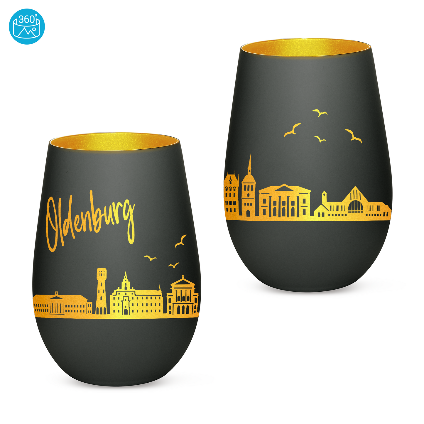 Hochwertiges Glas Windlicht mit Gravur "SKYLINE OLDENBURG" in der Farbe Schwarz/Gold