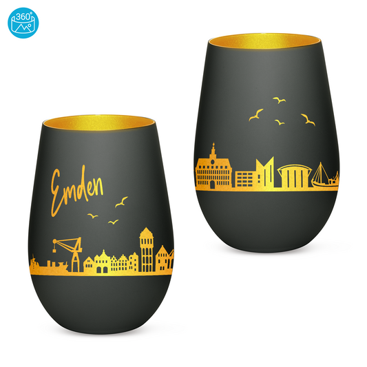 Hochwertiges Glas Windlicht mit Gravur "SKYLINE EMDEN" in der Farbe Schwarz/Gold