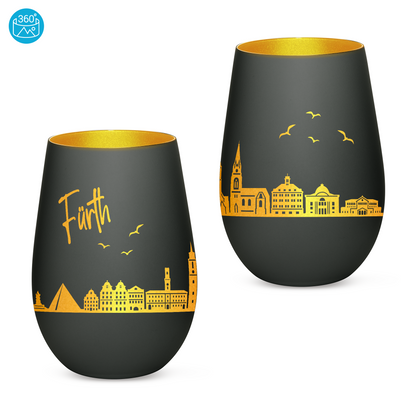 Hochwertiges Glas Windlicht mit Gravur "SKYLINE FÜRTH" in der Farbe Schwarz/Gold