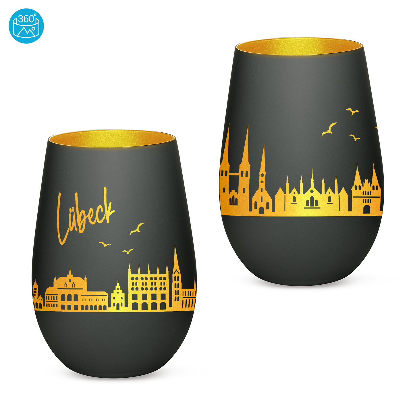 Hochwertiges Glas Windlicht mit Gravur "SKYLINE LÜBECK" in der Farbe Schwarz/Gold
