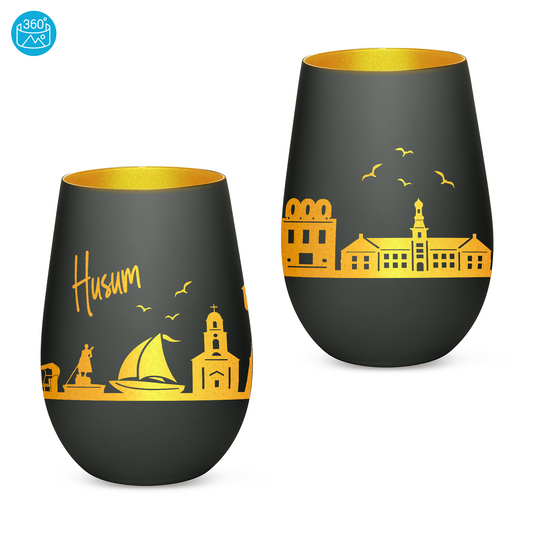 Hochwertiges Glas Windlicht mit Gravur "SKYLINE HUSUM" in der Farbe Schwarz/Gold