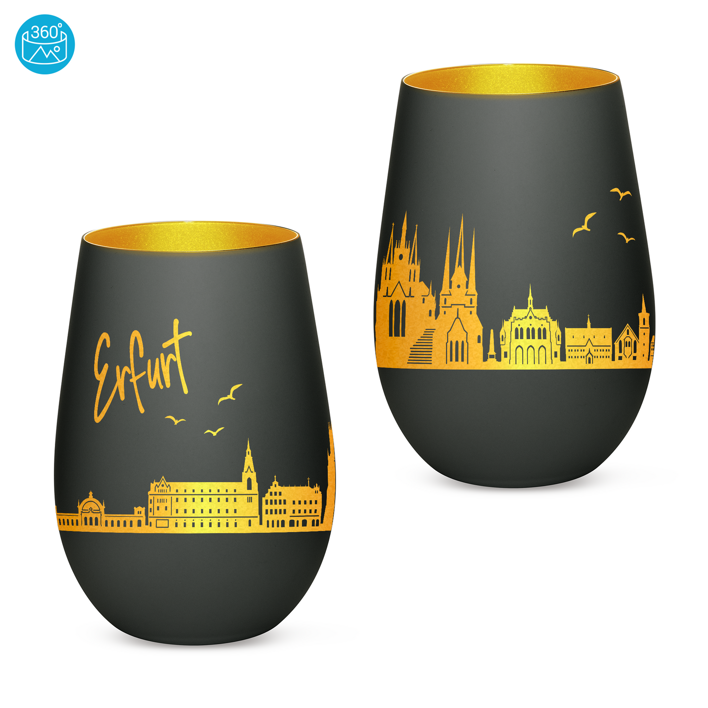 Hochwertiges Glas Windlicht mit Gravur "SKYLINE ERFURT" in der Farbe Schwarz/Gold