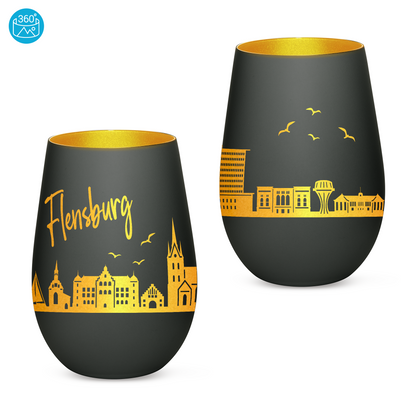 Hochwertiges Glas Windlicht mit Gravur "SKYLINE FLENSBURG" in der Farbe Schwarz/Gold