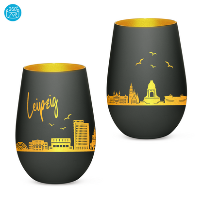 Hochwertiges Glas Windlicht mit Gravur "SKYLINE LEIPZIG" in der Farbe Schwarz/Gold
