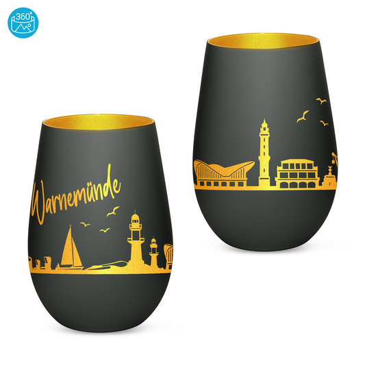 Hochwertiges Glas Windlicht mit Gravur "SKYLINE WARNEMÜNDE" in der Farbe Schwarz/Gold