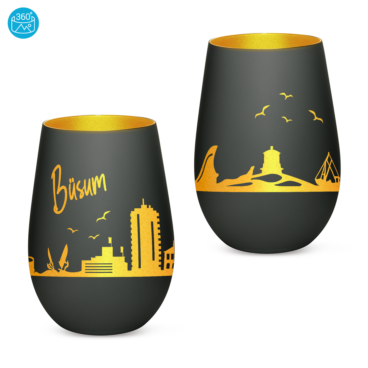 Hochwertiges Glas Windlicht mit Gravur "SKYLINE BÜSUM" in der Farbe Schwarz/Gold