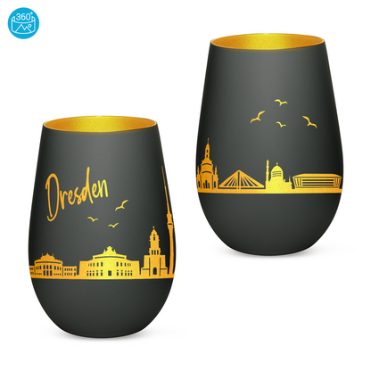 Hochwertiges Glas Windlicht mit Gravur "SKYLINE DRESDEN" in der Farbe Schwarz/Gold