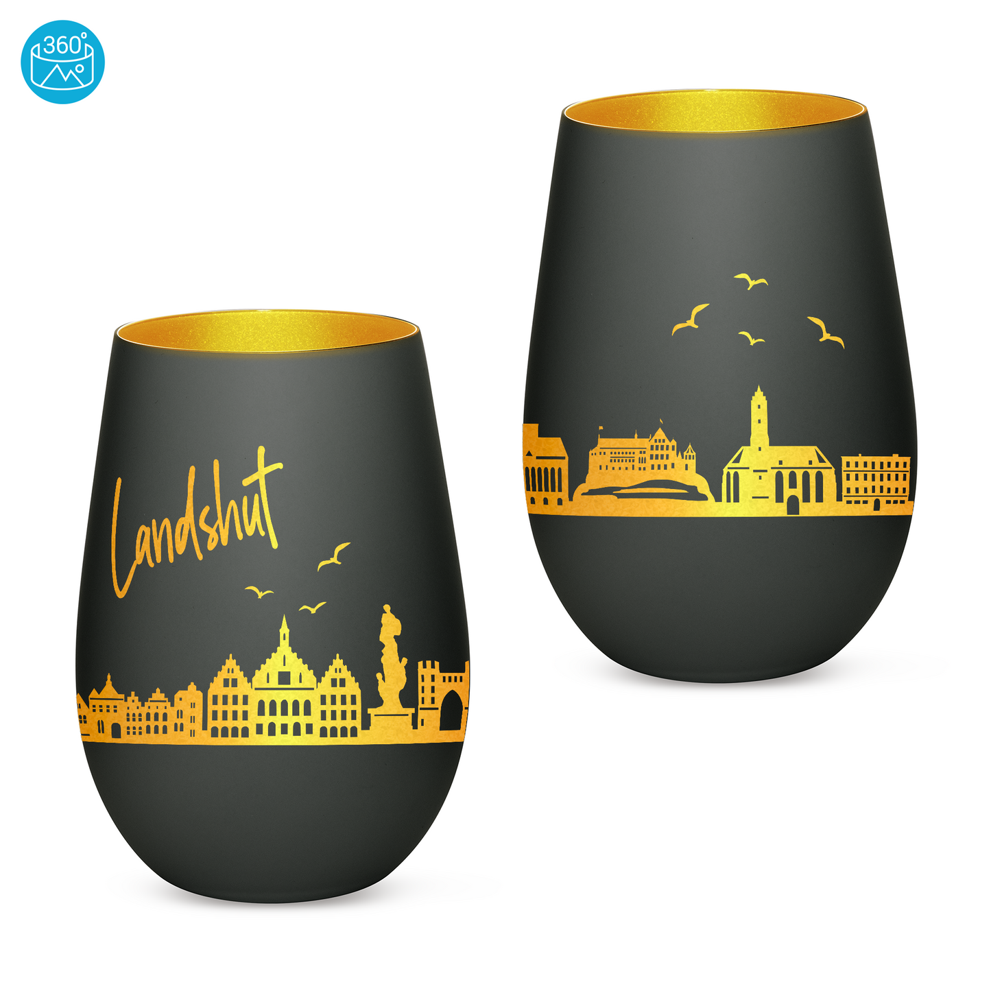 Hochwertiges Glas Windlicht mit Gravur "SKYLINE LANDSHUT" in der Farbe Schwarz/Gold