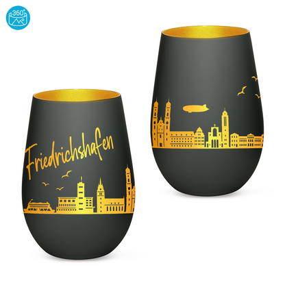 Hochwertiges Glas Windlicht mit Gravur "SKYLINE FRIEDRICHSHAFEN" in der Farbe Schwarz/Gold