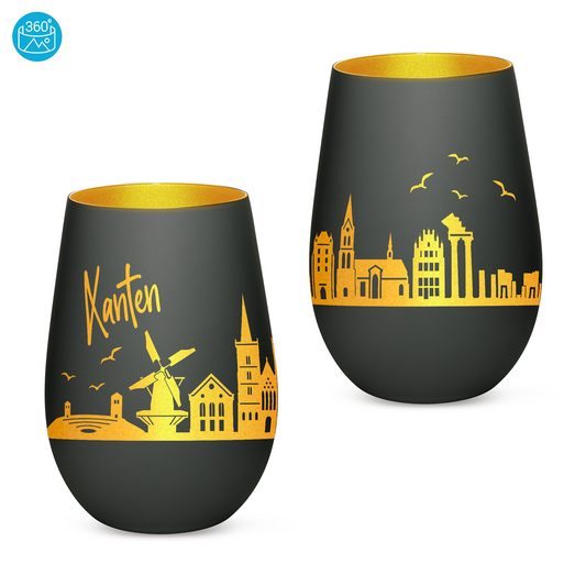 Hochwertiges Glas Windlicht mit Gravur "SKYLINE XANTEN" in der Farbe Schwarz/Gold
