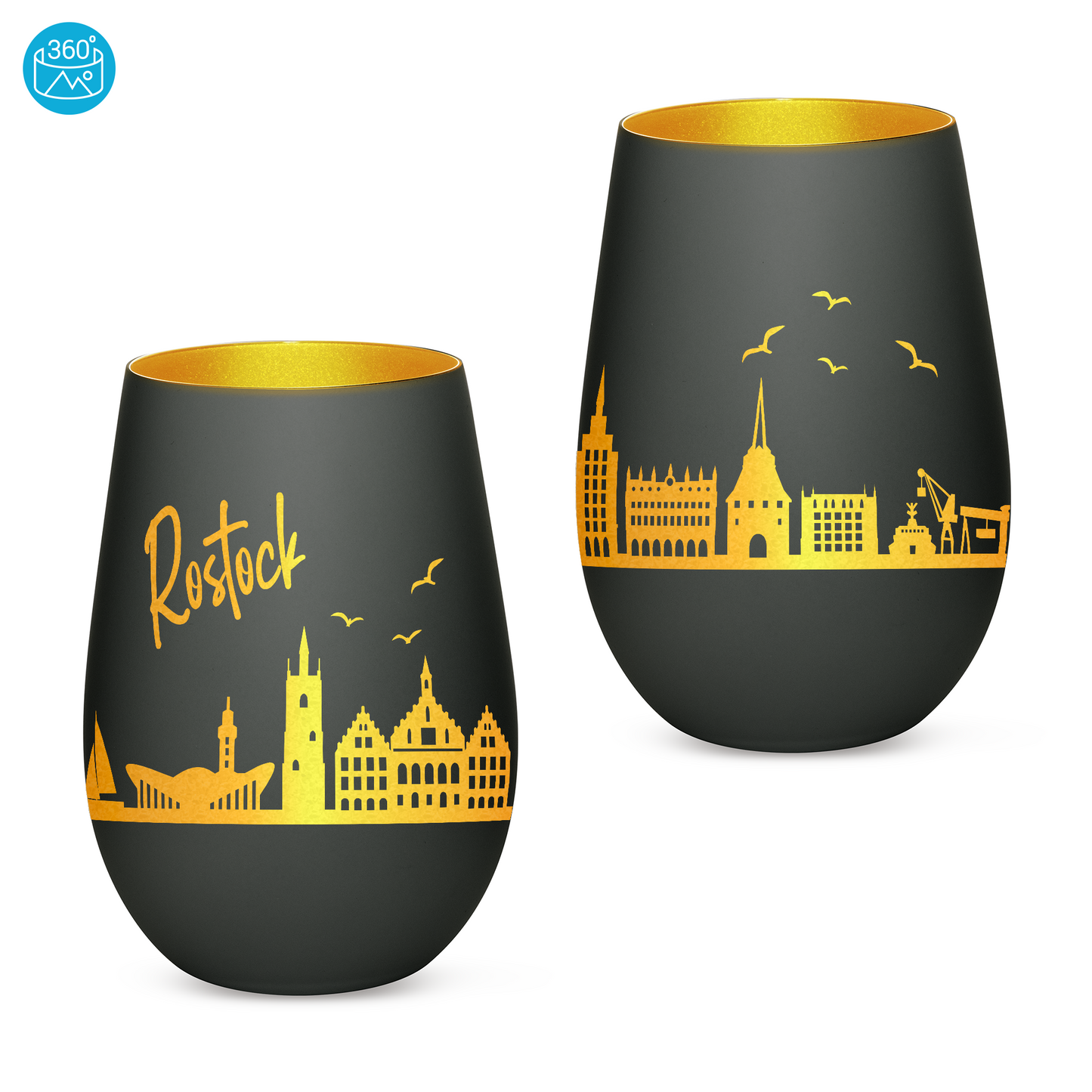 Hochwertiges Glas Windlicht mit Gravur "SKYLINE ROSTOCK" in der Farbe Schwarz/Gold