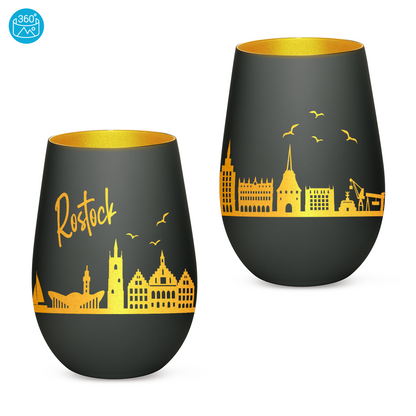 Hochwertiges Glas Windlicht mit Gravur "SKYLINE ROSTOCK" in der Farbe Schwarz/Gold